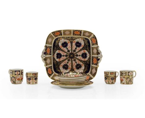 A small group of Royal Crown Derby imari tea and coffee wares comprising four cups, 6cm high, four saucers, largest 12.5cm wi