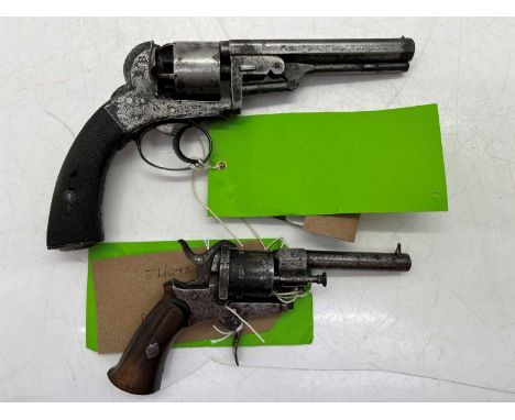 A six shot pin fire revolver  Belgium,  with folding trigger 7cm barrel together with open framed five shot revolver,  Englis