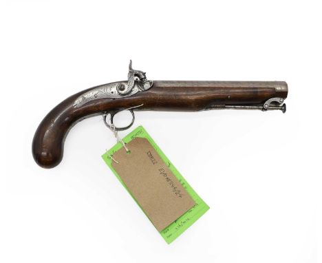An English walnut holster percussion pistol  19th century the octagonal barrel stamped London, engraved lockplate inscribed '