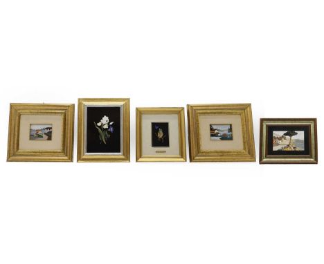 Five Italian pietra dura panels, 20th century, comprising a pair titled 'Paese Sul Lago', 11 x 9.5cm approx, each framed,30.5