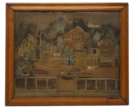 A Napoleonic prisoner of war straw picture 19th century, depicting a cottage with villagers, with a horse trap to the foregro