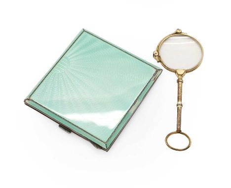 A silver and enamel cigarette case Birmingham 1948,the green enamel case with silver gilt interior9cm widetotal weight 132grm