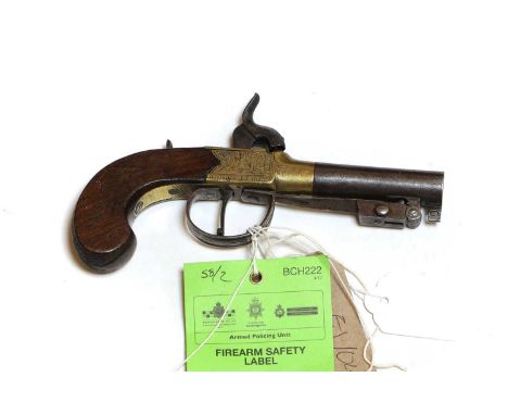A boxlock percussion pistol 19th century by Fenton, Londonthe brass frame with spring loaded bayonet7.5cm barrelProvenance : 
