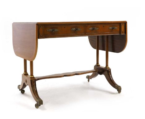 A mahogany sofa table, 20th century, with a crossbanded top, gilt details and cast handles and mounts, 92cm wide 68.5cm deep7