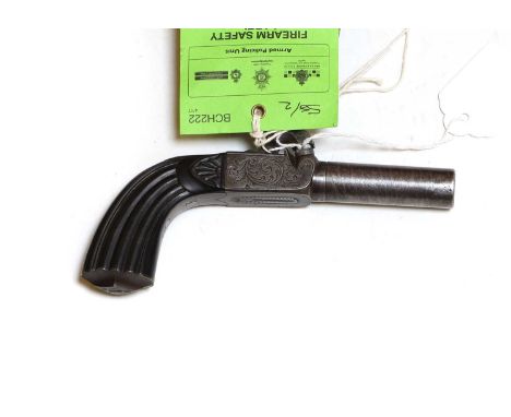 A Belgium rifled pocket pistol ebony fluted buttfolding engraved trigger2 1/4" barrelProvenance : from the estate of a collec