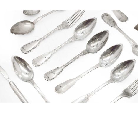 A collection of silver flatware comprising seven Continental tablespoons and three table forks, to include French examples, a