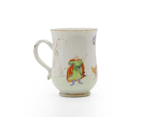 A Chinese export porcelain mug 18th century, of baluster form, enamelled with figures,16cm highCondition ReportNibble to rim.