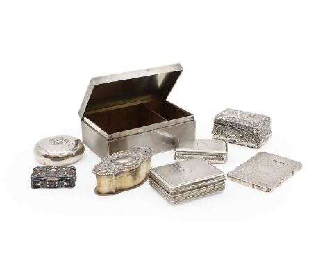 An assortment of silver boxes, cases and vespas comprising a silver cigarette box, by Walker &amp; Hall, Sheffield 1917, 25cm