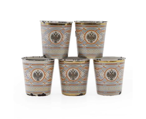 Five Russian enamel Khodyna beakers 'Cups of Sorrows', 19th century, produced to commemorate the coronation of Tsar Nicholas 