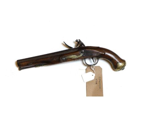 An English Dragoon flintlock pistol  circa 1800,  with walnut frame, the lockplate with sparse engraving, and GR crown, 22cm 