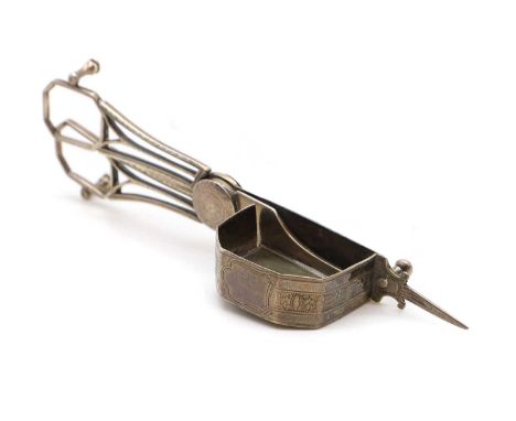A pair of George III silver candle snuffers possibly by Charles Gibson, London 1799, scissor auction, with open work handle, 