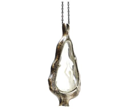 An etched glass silver pendant, with acid etched nude figure, signed Deb Meyer to the glass, pendent 10cm longtotal 3.92oztCo