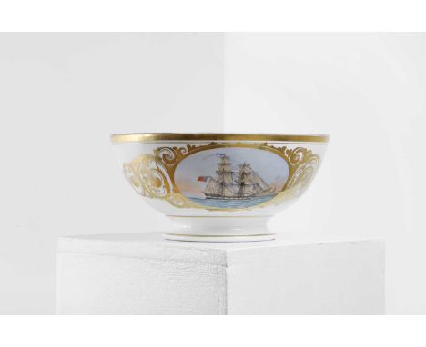 An 'Elsinore' porcelain ship's portrait bowl, mid-19th century, Danish, painted in colours with an oval cartouche depicting a