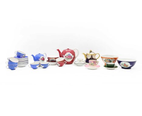 A collection of Russian Gardner porcelain teawares late 19th century, comprising two teapots, a teapot and stand, three bowls