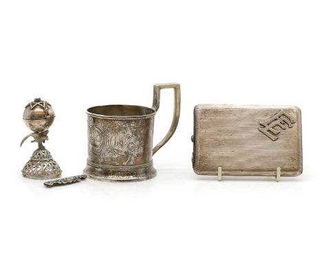 A collection of Russian silver items comprising a cigarette case, 84 Moscow Kokoshnik mark, with reeded decoration, 11.5 x 7.