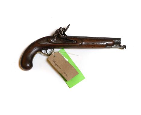 A flintlock walnut holster pistol 19th century, Belgium, having octagonal barrel, swivel ramrod, brass trigger guard24cm barr