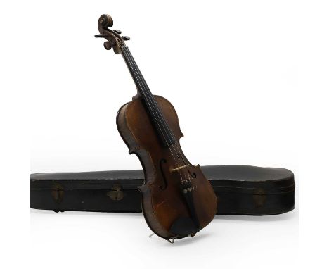 A violin in case,  late 19th century, probably German, of dark caramel colour, the two-piece back  measuring approximately 35