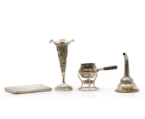 A collection of silver items comprising a cigarette case, by Fry &amp; Wigfull Ltd, 12.6 x 8.6cm, a silver brandy warmer and 