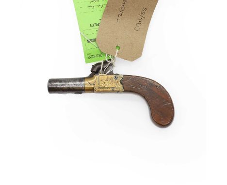 A percussion boxlock pocket pistol early 19th century, folding trigger engraved brass lockplate with walnut chequered grip, 4