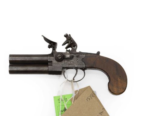 An over and under tap action flintlock pistol  English, by Laughter walnut and steel frame with engraved grip 6cm barrel  Pro
