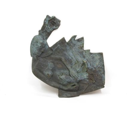 A patinated bronze wall sculpture, depicting a seated girl with a cat,42cm wide64cm high
