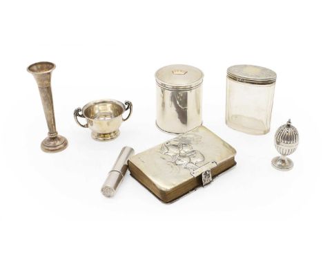A silver jar and cover Birmingham 1930,of cylindrical form with crown crest,8cm high,together with a collection of silver com