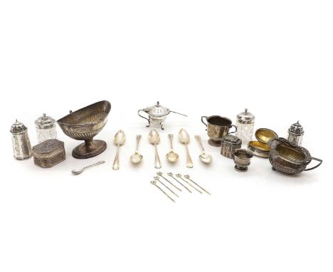 A collection of silver items to include a series of cruet items, to include a pair of engraved and peirced pepperettes, by Jo