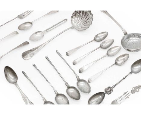 A collection of silver items comprising seven teaspoons, marks rubbed, 18th century, a medicine type spoon, marks rubbed, ear