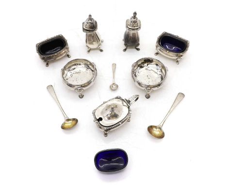 A collection of silver items, various marks, a five-piece condiment set, with blue glass liners, and a spoon, pepperettes, 7.