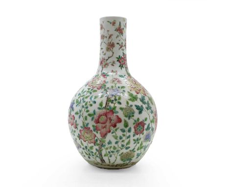 A Chinese bottle vase,  20th century, decorated with chysthansemums and foliage,  42cm high,  a shaped dish,  22.5cm wide, an