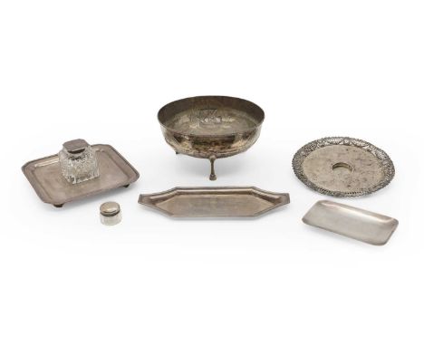 A collection of silver items, to include, a pin dish, by E Silver &amp; Co, Sheffield 1952, 17.5 x 8cm, a George III lozenge-