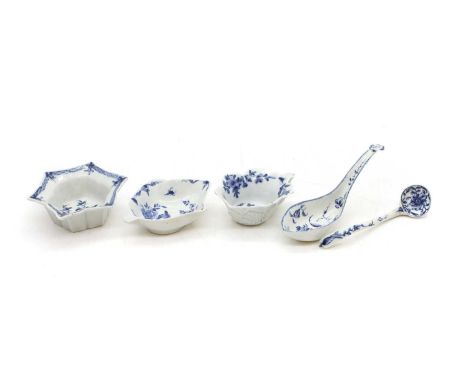 A group of blue and white porcelain items 18th century, comprising a Worcester hexagonal dish, probably for an hors d'oeuvres