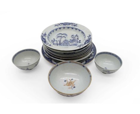 A pair of Nanking Cargo blue and white porcelain bowls  18th century, of dished circular form with landscape decorated centre
