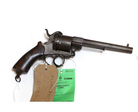 A large six shot pin fire revolver English proofed.38 calibre, the barrel with walnut chequered grip15cm barrelProvenance : f