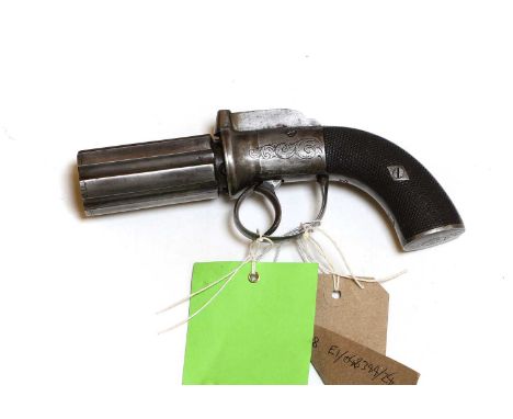 A pepperbox percussion six shot revolver  English,19th century with steel engraved lock plate and chequered grip 7.5cm barrel