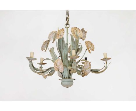 A painted toleware chandelier, c.1950, French, with five branches decorated with anthurium, 84cm diameter64cm highCondition R