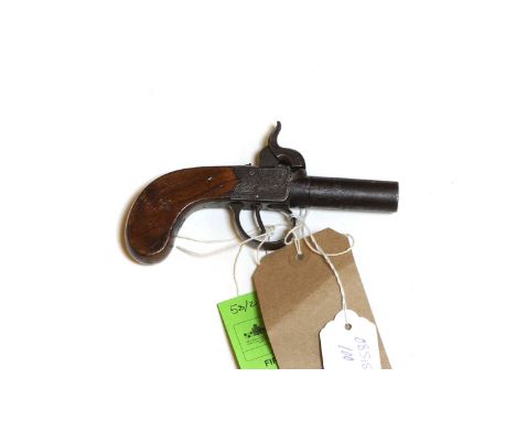 A boxlock pocket percussion pistol English, circa 1820, the leaf engraved lockplate with walnut grip,5cm barrelProvenance : f