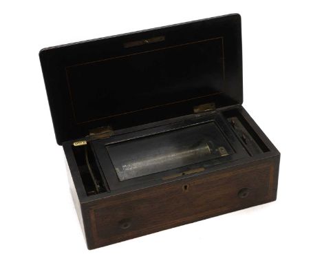 An inlaid rosewood music box 19th centuryof diminiative size, the brass winding lever stamped 1397 9, the brass spinning cove