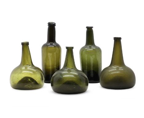 An antique wine bottle green glass of onion form with elongated neck20cm hightogether with a collection of four others (5)Con