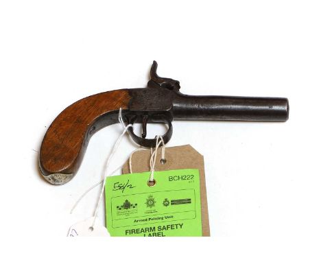 A Belgium pocket percussion pistol 19th centurythe brass frame with walnut grip6cm barreltogether with a similar steel framed