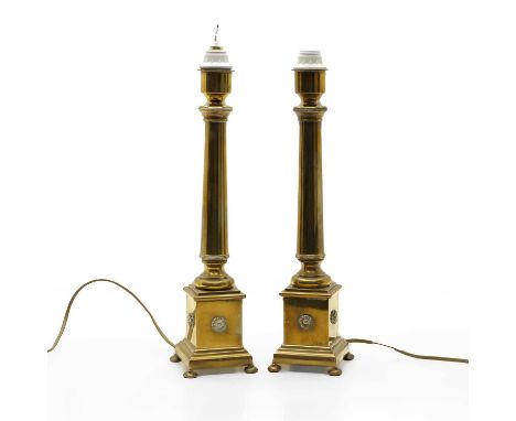 A pair of brass table lamps, and another Corinthian column table lamp, 54cm high (3)Condition ReportLoose shades and mounts.P