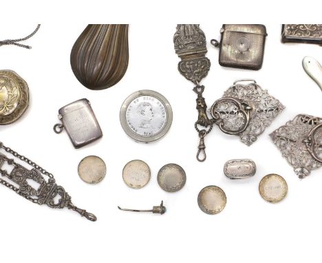 A collection of silver items, to include a vesper case, by... Chester, engraved 'C.H.B.B, E.GRAHAM'S COCK HOUSE 1908', 4cm lo