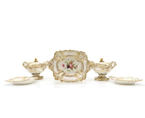 A Regency porcelain part dessert service  first half 19th century, possibly Worcester, the bodies elaborately modelled, each 