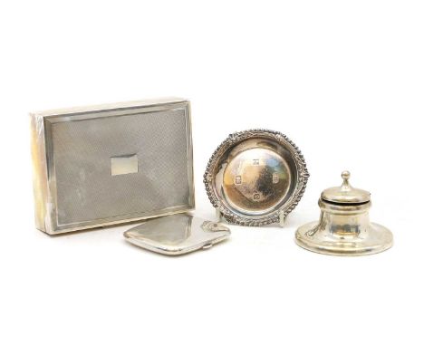 A silver capstan inkwell Birmingham 1903, together with a pin tray, Birmingham 1978, a silver card case, and a silver cigaret