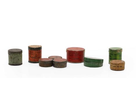 A collection of shotgun cap boxes the circular tins with paper retail labels by Joyce and others, (9)Shipping DisclaimerBuyer