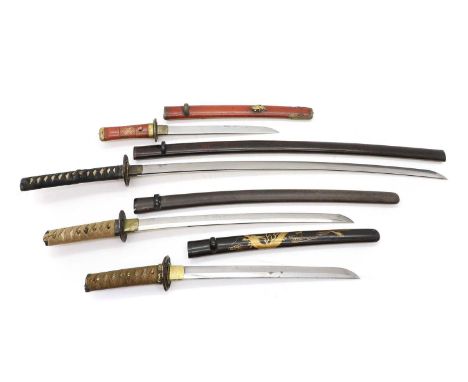 A group of four Japanese swords, Edo or Meiji period, comprising a katana, the same (shagreen) tsuka (handle) wrapped in blac