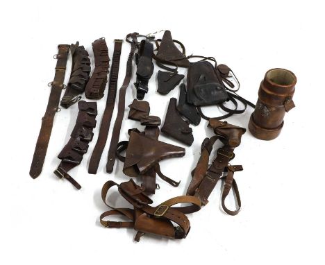 A quantity of pistol holsters mostly First and Second World War, to include a brown leather pistol holster and belt,25cm heig