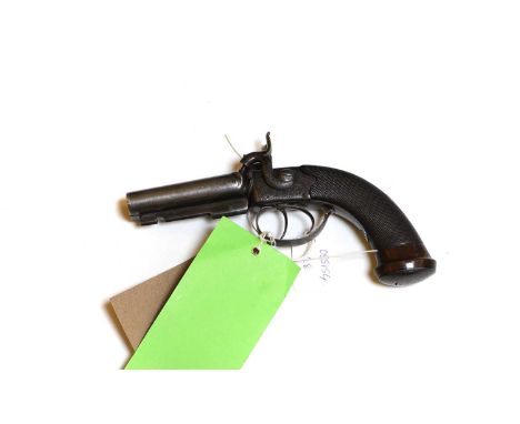 A double barrel percussion pistol the filled barrel with engraved walnut chequered grip,10cm barrelProvenance : from the esta
