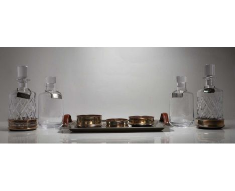 A pair of modern silver decanters, by Krosno, each with silver 'Vodka' and 'Brandy' labels, 23.5cm high, a pair of Waterford 