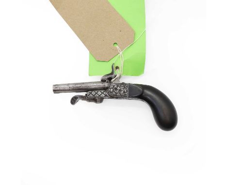 A double barrel pinfire side by side pocket pistol Belgium, 19th centuryengraved lockplate and ebony grip,6.5cm barrelProvena